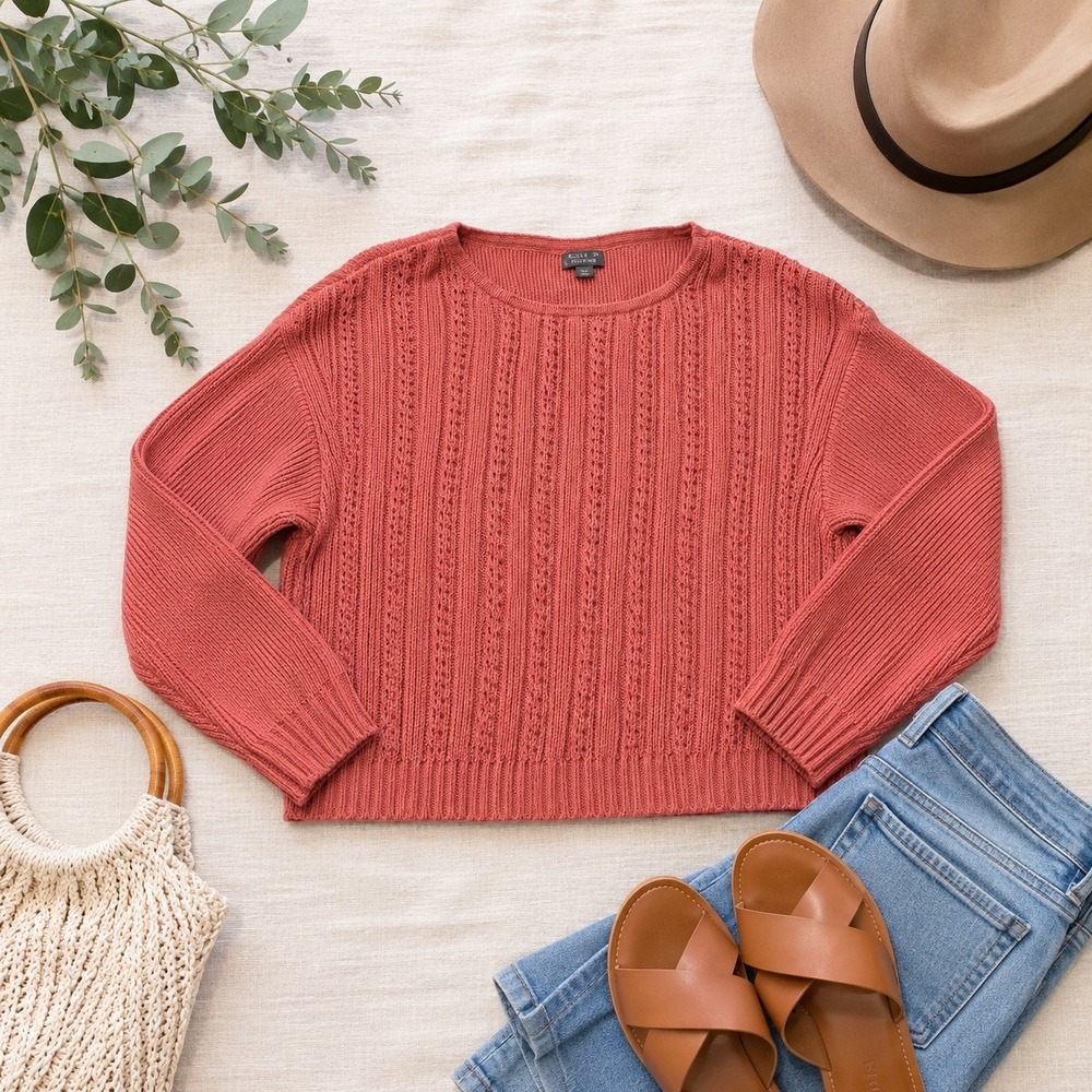 Point Sur Cotton Sweater Womens XL Pink Pointelle Knit Ribbed Pullover Boho Cozy